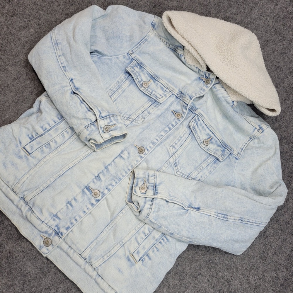 Hollister Denim Jacket Womens XS Blue Sherpa Lined Hooded Trucker Y2K Bro Surf